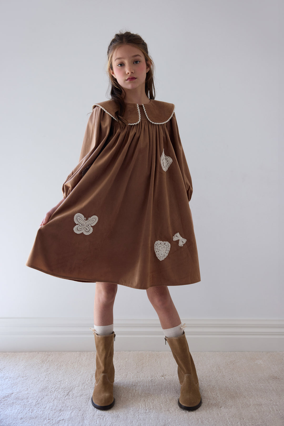1501B Scattered Applique Cord Dress - Caramel