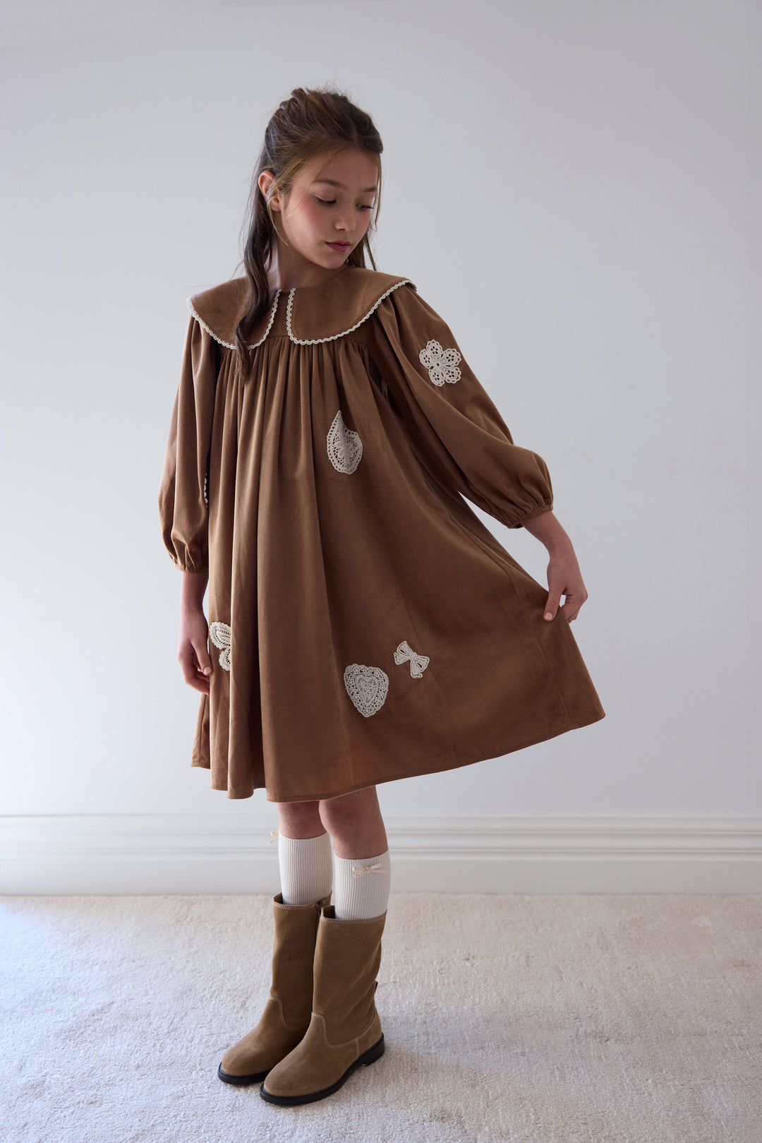 1501B Scattered Applique Cord Dress - Caramel