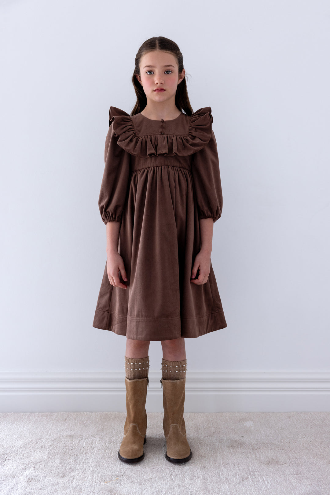 1507 Ruffle Yoke Cord Dress - Chocolate
