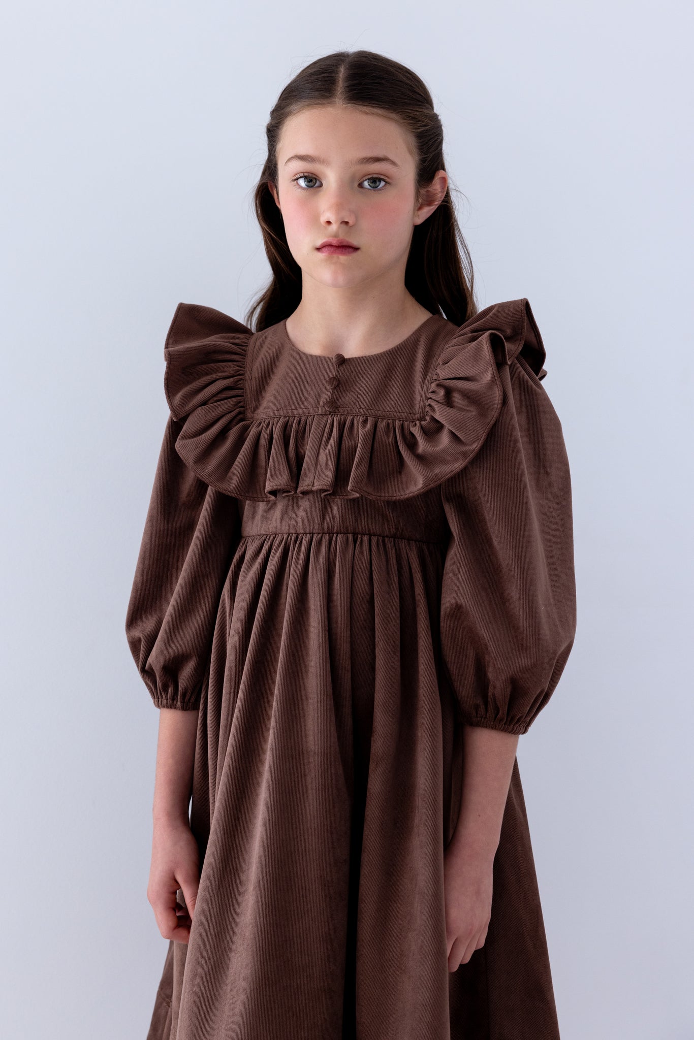 1507 Ruffle Yoke Cord Dress - Chocolate – whoopikids