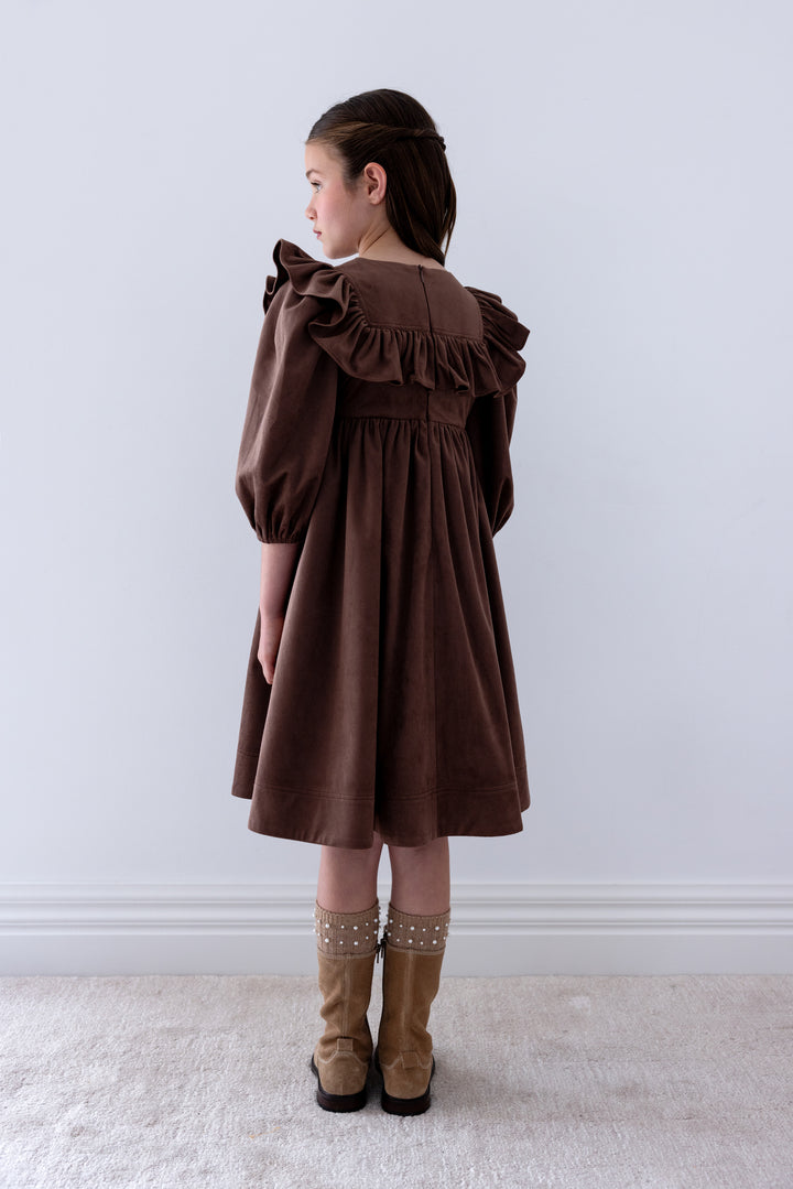 1507 Ruffle Yoke Cord Dress - Chocolate