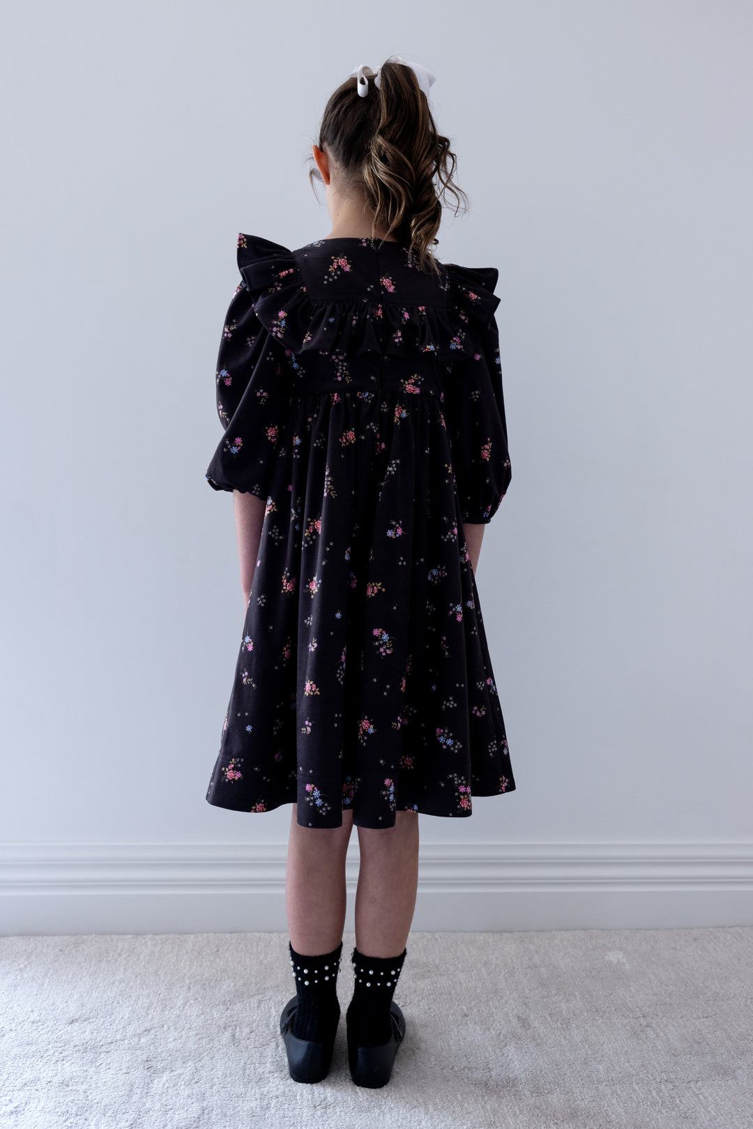 1507B Black Ditsy Ruffle Yoke Cord Dress - Black Ditsy