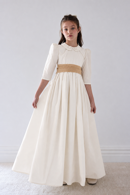 1514 Ivory Taffeta Gown with golden brown  Sash - Ivory