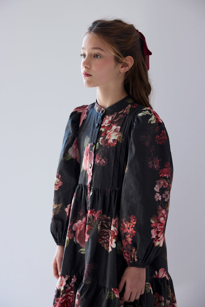 1571 Black Floral Poplin Dress - Black Floral
