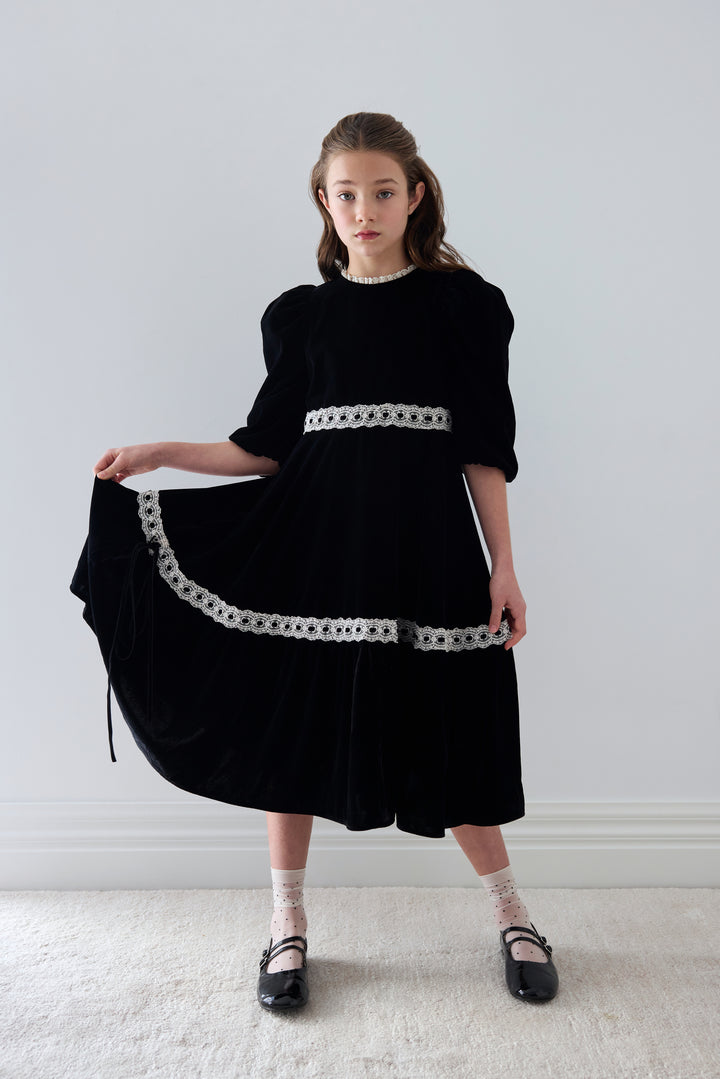1574 Ribbon Lace Trim Velvet Dress - Black/ Cream Lace
