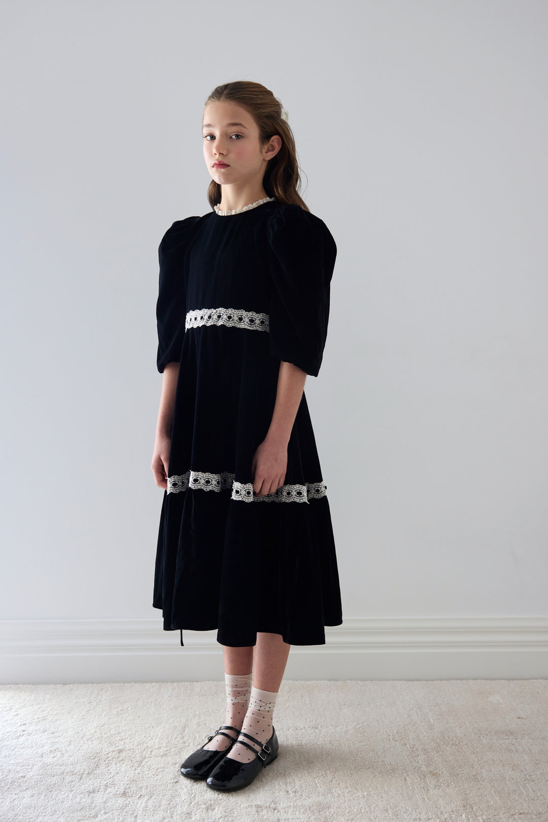 1574 Ribbon Lace Trim Velvet Dress