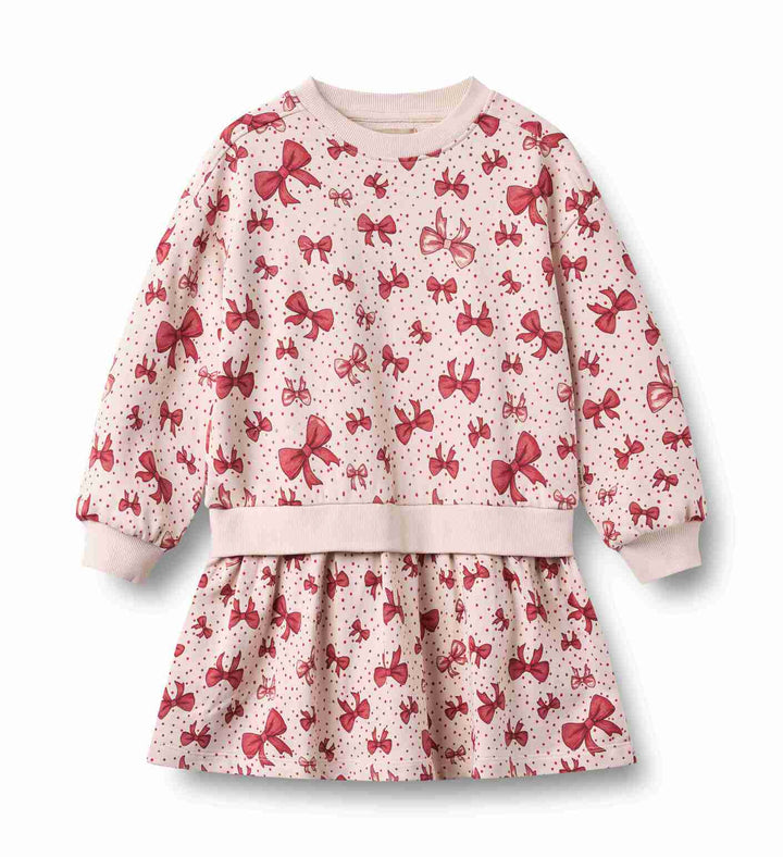 1681-643 SWEAT DRESS L/S MAGGIE - ALMOND PEACH BOWS