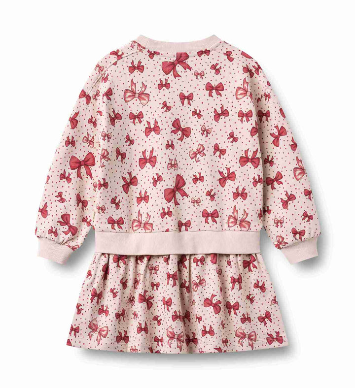 1681-643 SWEAT DRESS L/S MAGGIE - ALMOND PEACH BOWS