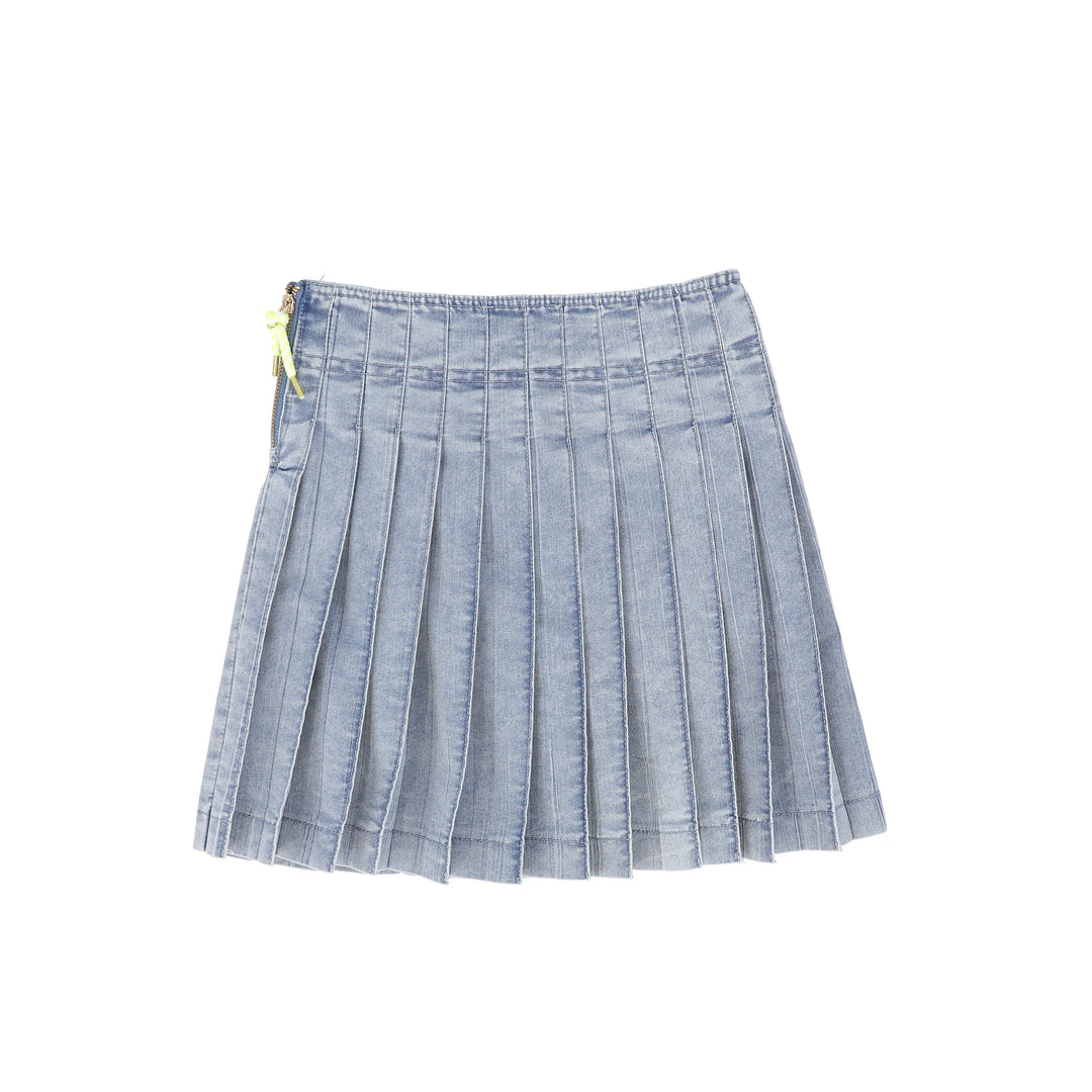 C-18850-Rope Zipper Pleat Skirt-LT Blue Denim