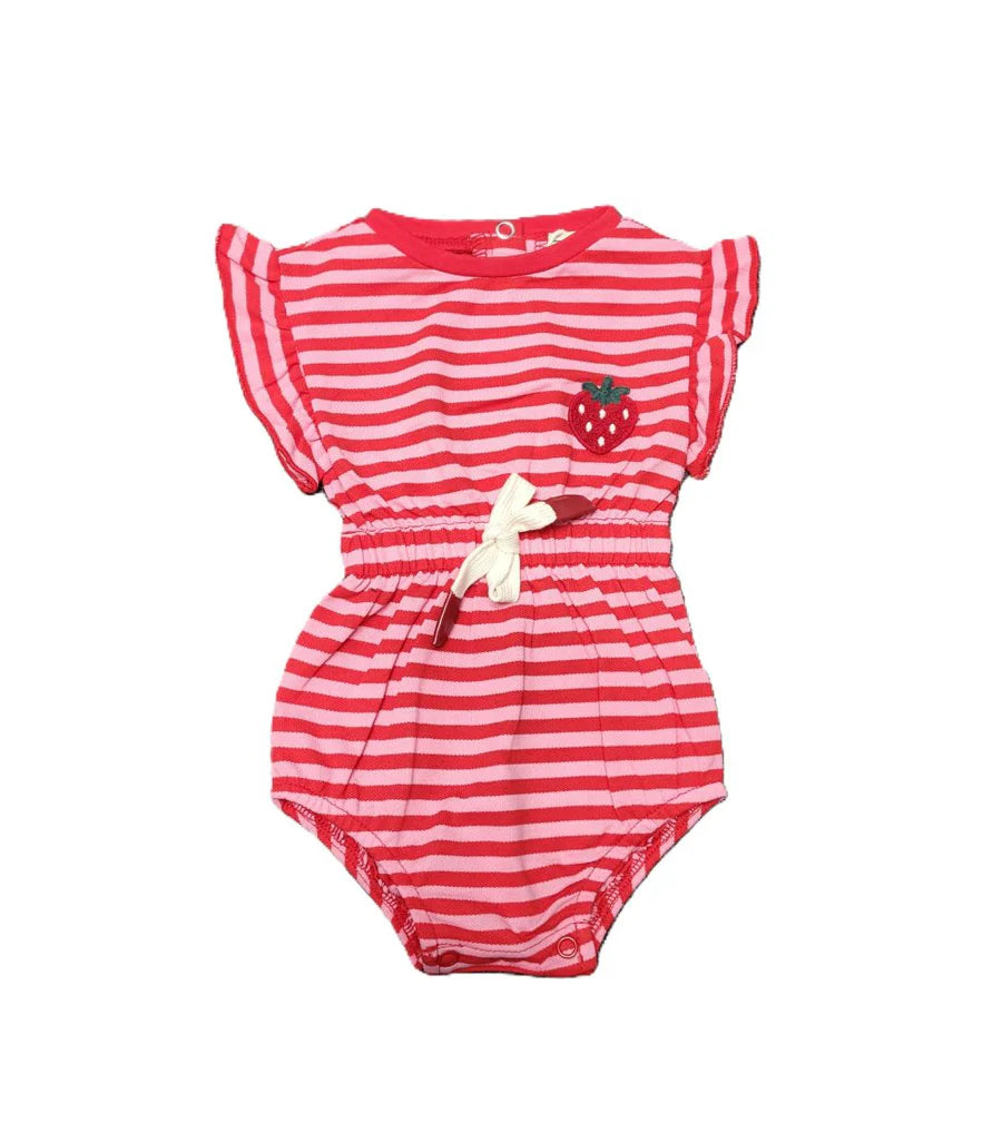 20-063C-Stripe Applique Baby Girls Romper-Red