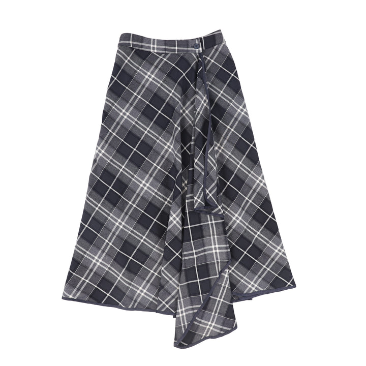 C-20661-Plaid Wrap Ruffle Maxi Skirt -Navy