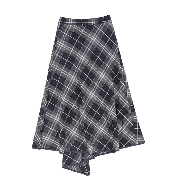 C-20661-Plaid Wrap Ruffle Maxi Skirt -Navy