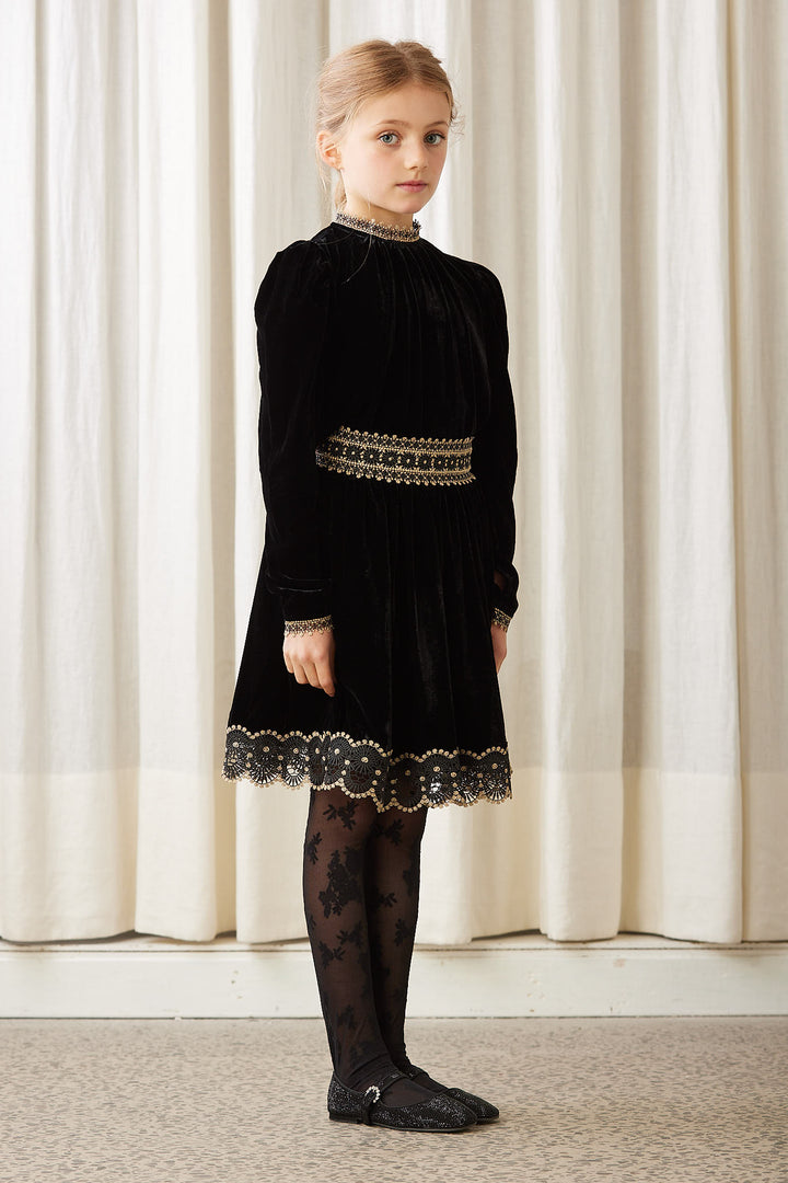 AW3066B LONG-Velvet Skirt with Metalic Lace-Black/Gold