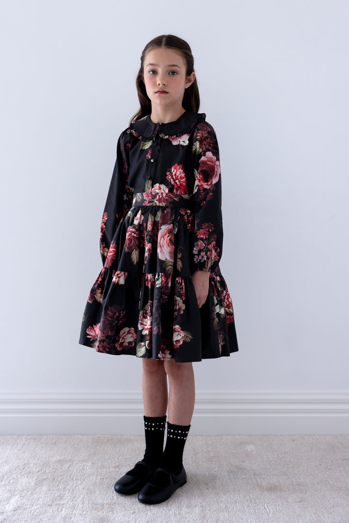 3136 Black Floral Poplin Skirt - Black Floral