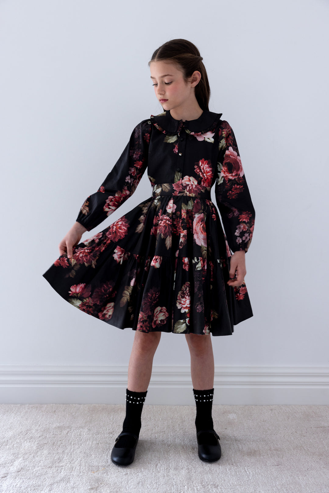 3136 Black Floral Poplin Skirt - Black Floral