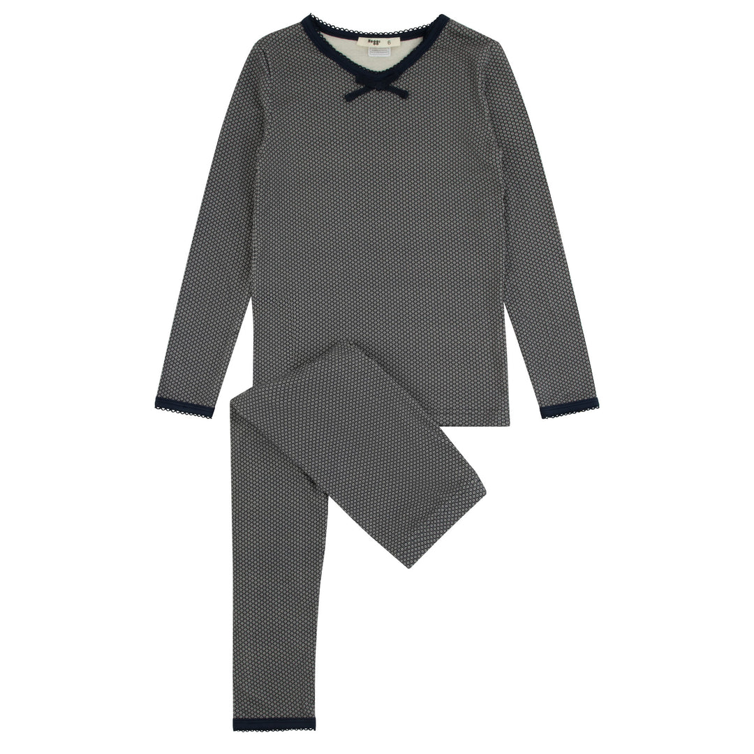217011-145 Navy/ Ivory Print Pique Trim And Bow Bamboo Printed Loungewear Set