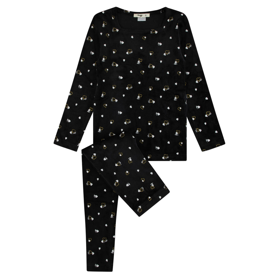 217019-145 Black Gold And White Heart Print Velour Heart Printed Loungewear Set