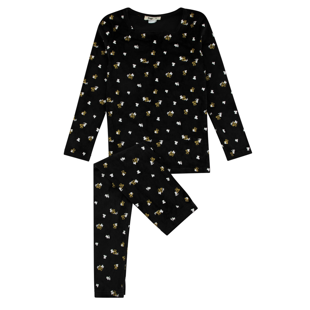 217019-170 Black Gold And White Teddy Print Velour Heart Printed Loungewear Set