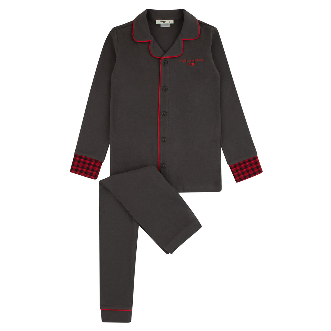 217022-170 Grey Red Trim Button Down Gingham Loungewear Set