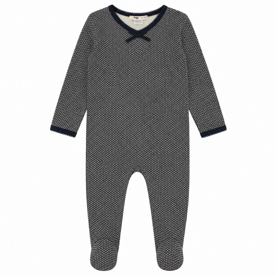 217211-145 Navy/ Ivory Print Pique Trim And Bow Printed Footie
