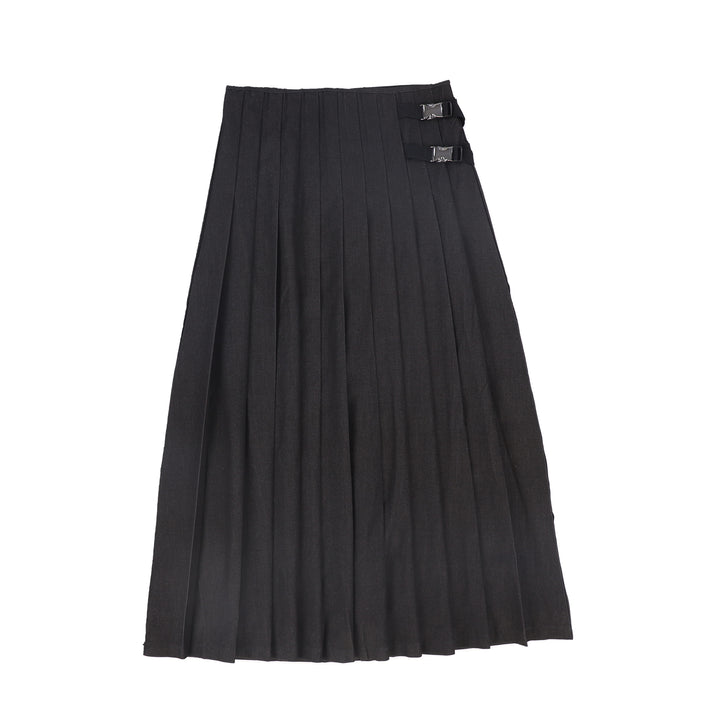C-21930-Pleated Buckle Midi Skirt -Denim