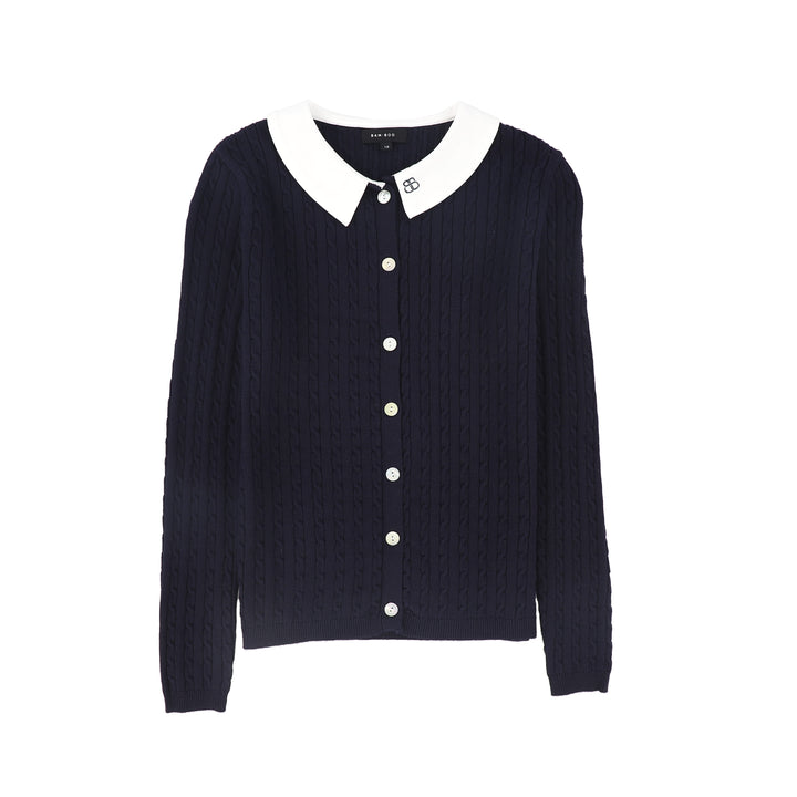 C-23150-Cable Knit Collar Cardigan -Navy
