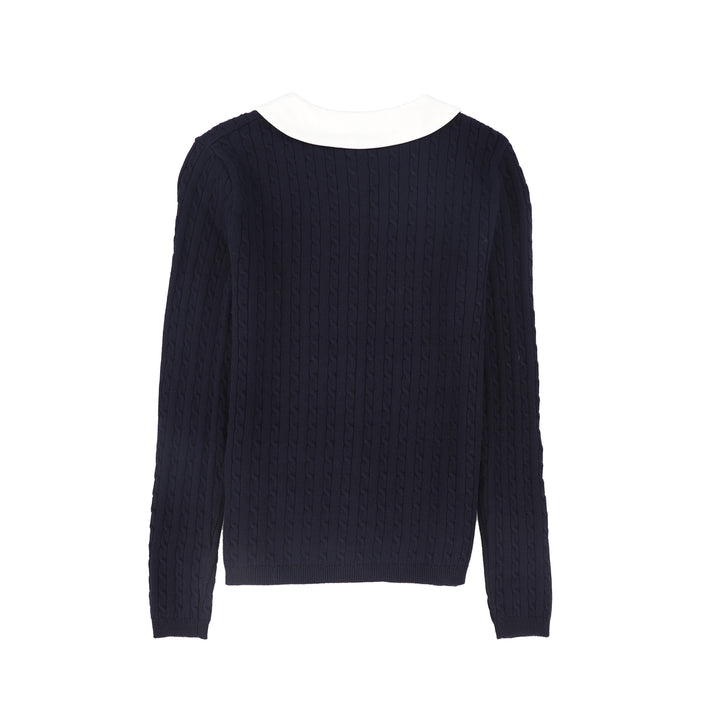 C-23150-Cable Knit Collar Cardigan -Navy