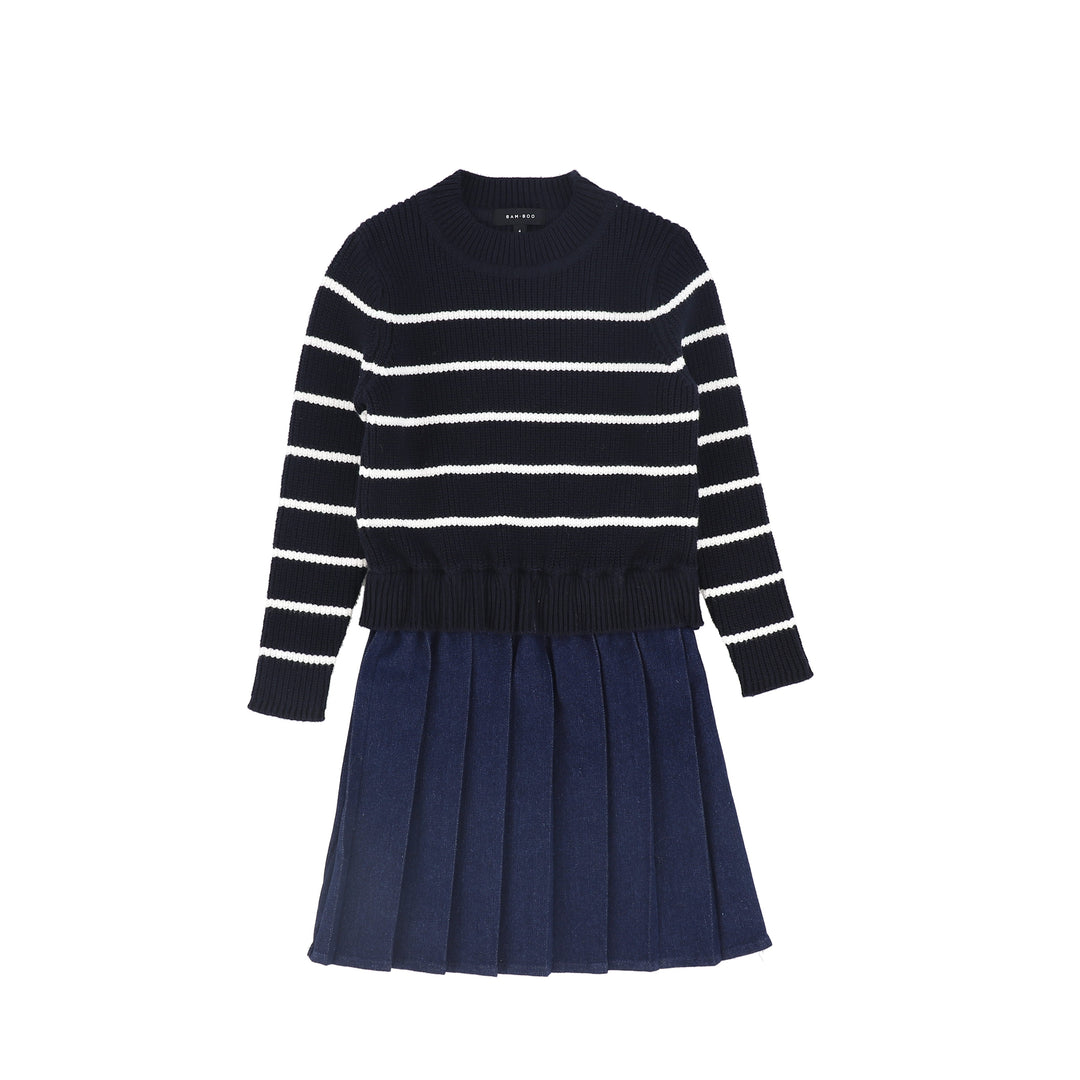 C-23257-Stripe Knit Pleated Dress -Navy whoopikids C-23257-Stripe Knit Pleated Dress -Navy whoopikids