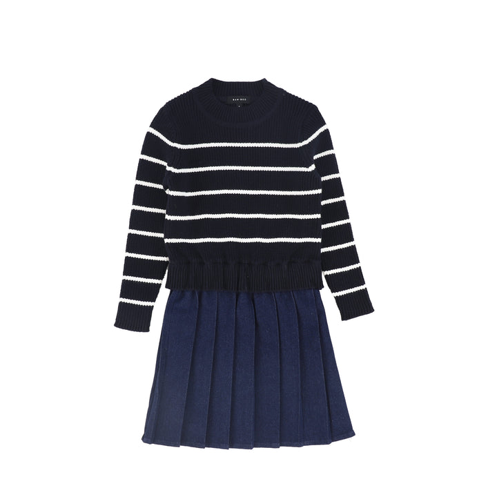C-23257-Stripe Knit Pleated Dress -Navy