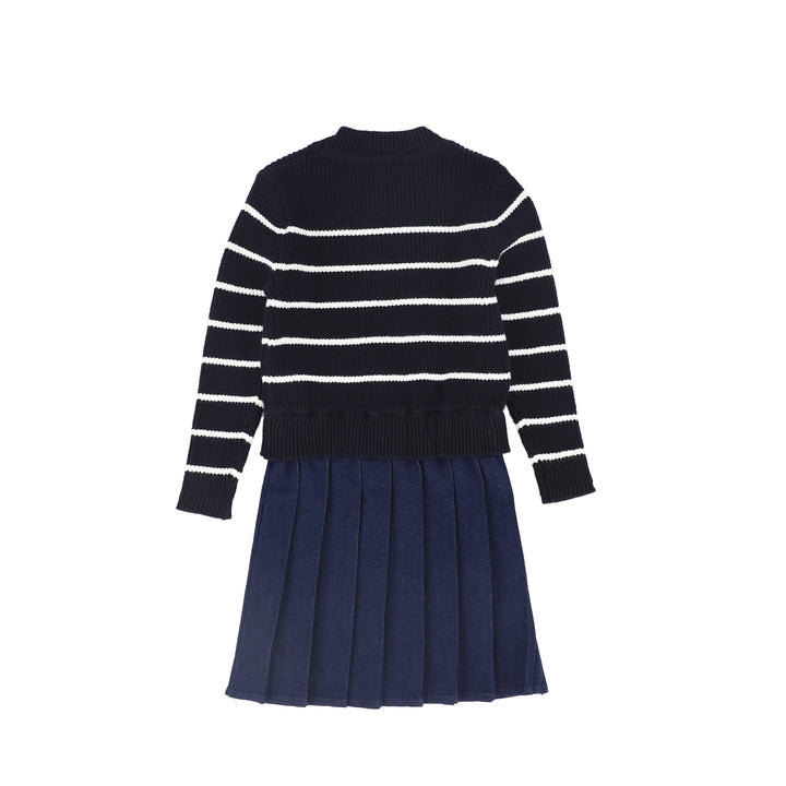 C-23257-Stripe Knit Pleated Dress -Navy