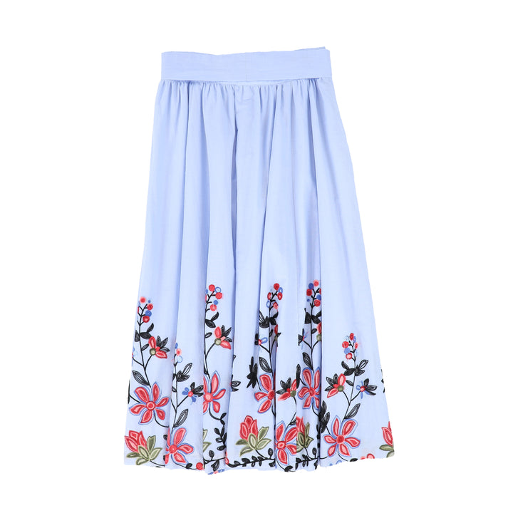C-23562-Linen Embroidered Flower Hem Skirt Blue