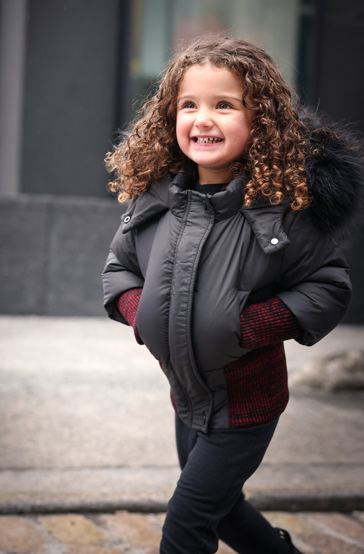 23592-Rib Mix Border Winter Jacket-Black/red