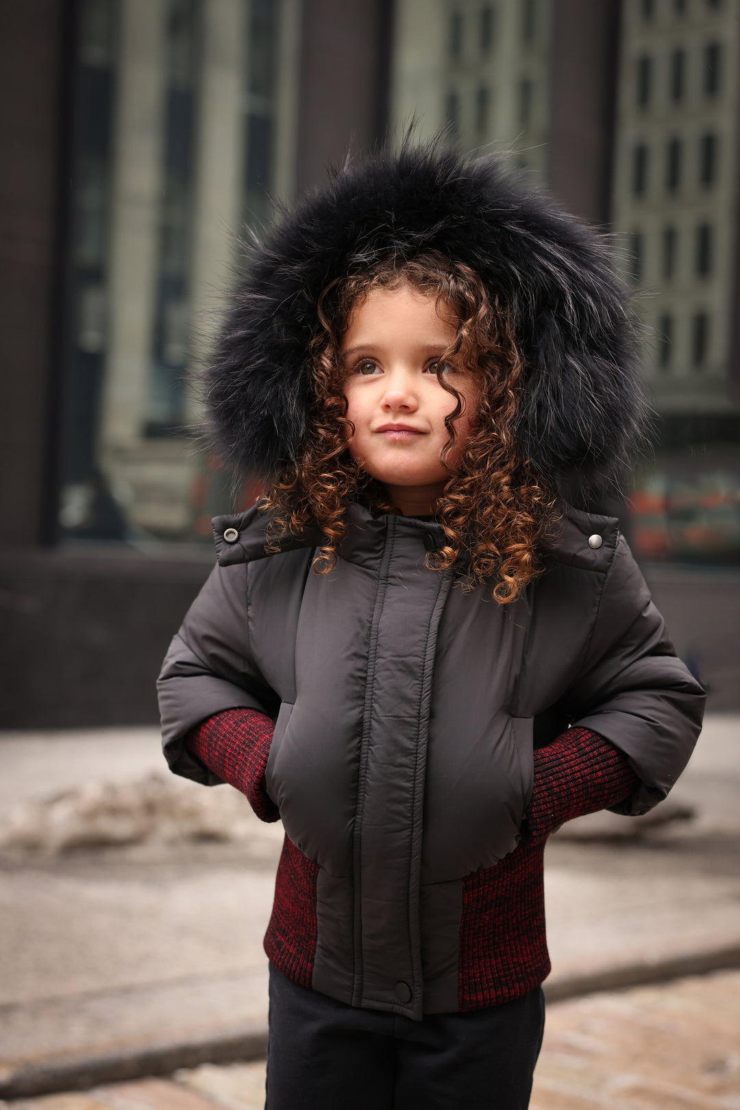 23592-Rib Mix Border Winter Jacket-Black/red