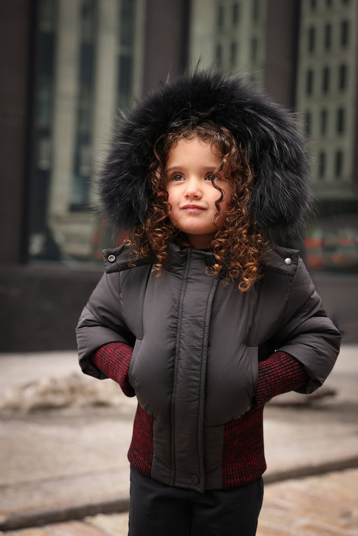 23592-Rib Mix Border Winter Jacket-Black/red