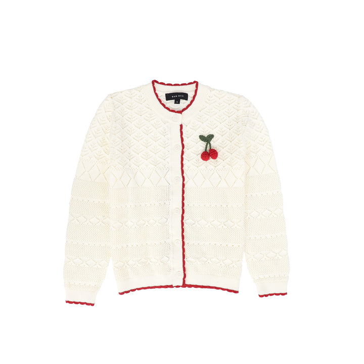 C-24456-Open Knit Scallop Trim LS Cardigan Ivory