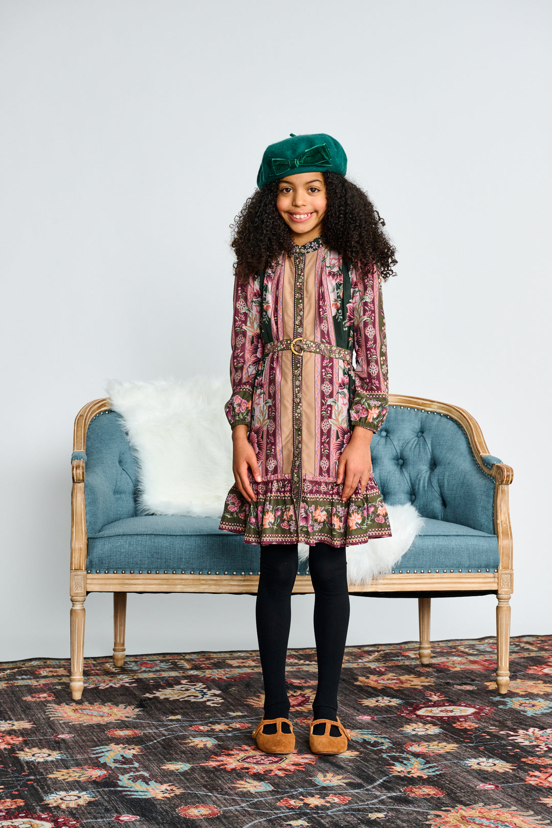 2486 CAMEL BLUSH GREEN FLORAL BUTTON DOWN DRESS