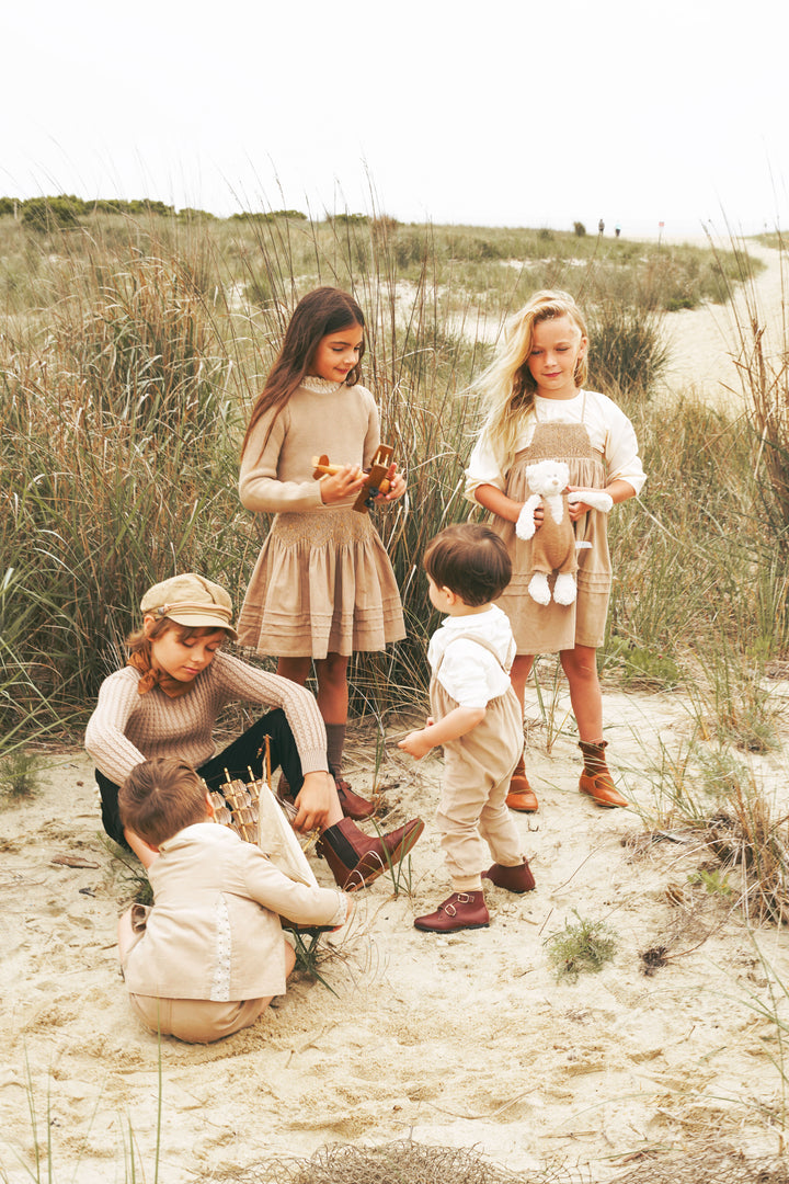 2512CA-BB GIRL ROMPER W SMOCKING-CAMEL