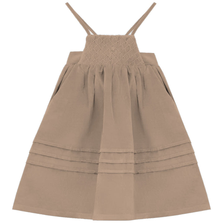 2510CA-GIRL DRESS W SMOCKING-CAMEL
