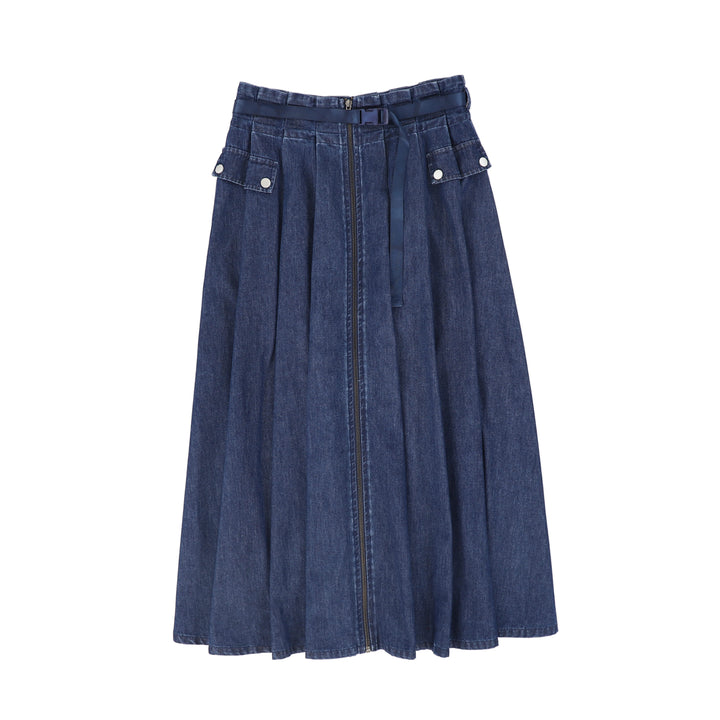 C-25183-Denim Cargo Pocket Pleat Skirt Blue Denim