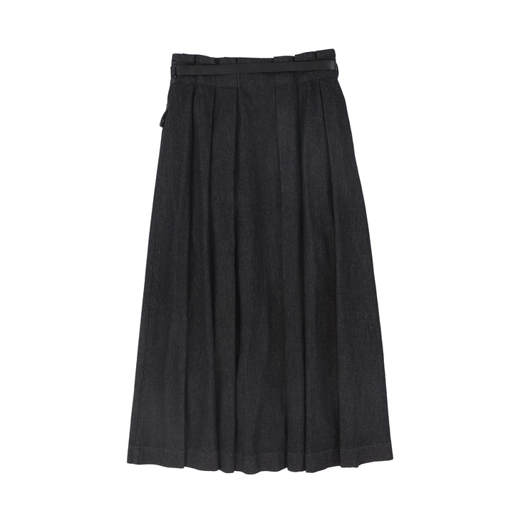 C-25183-Denim Cargo Pocket Pleat Skirt Black Denim