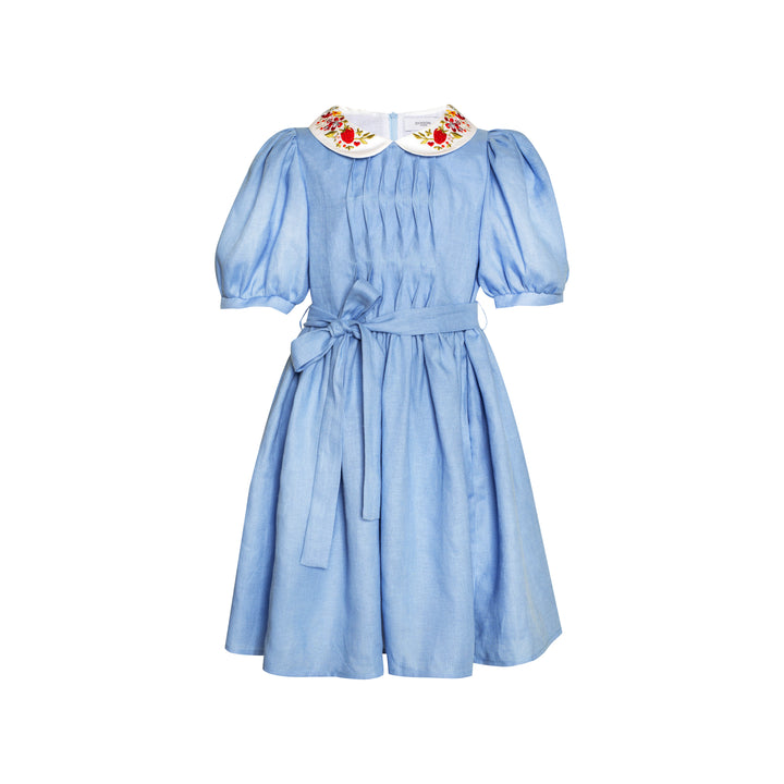 linen dress W/Belt/embroidered Collar-Blue