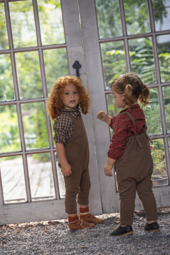 31069 Checkered Collar Shirt and Overalls Set - Chestnut/Slate