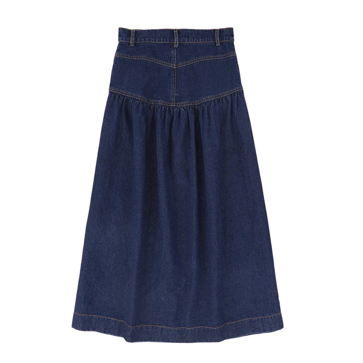 DROP WAIST FRILL MAXI SKIRT - DARK DENIM