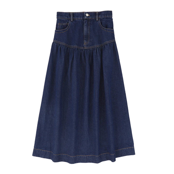 DROP WAIST FRILL MAXI SKIRT - DARK DENIM