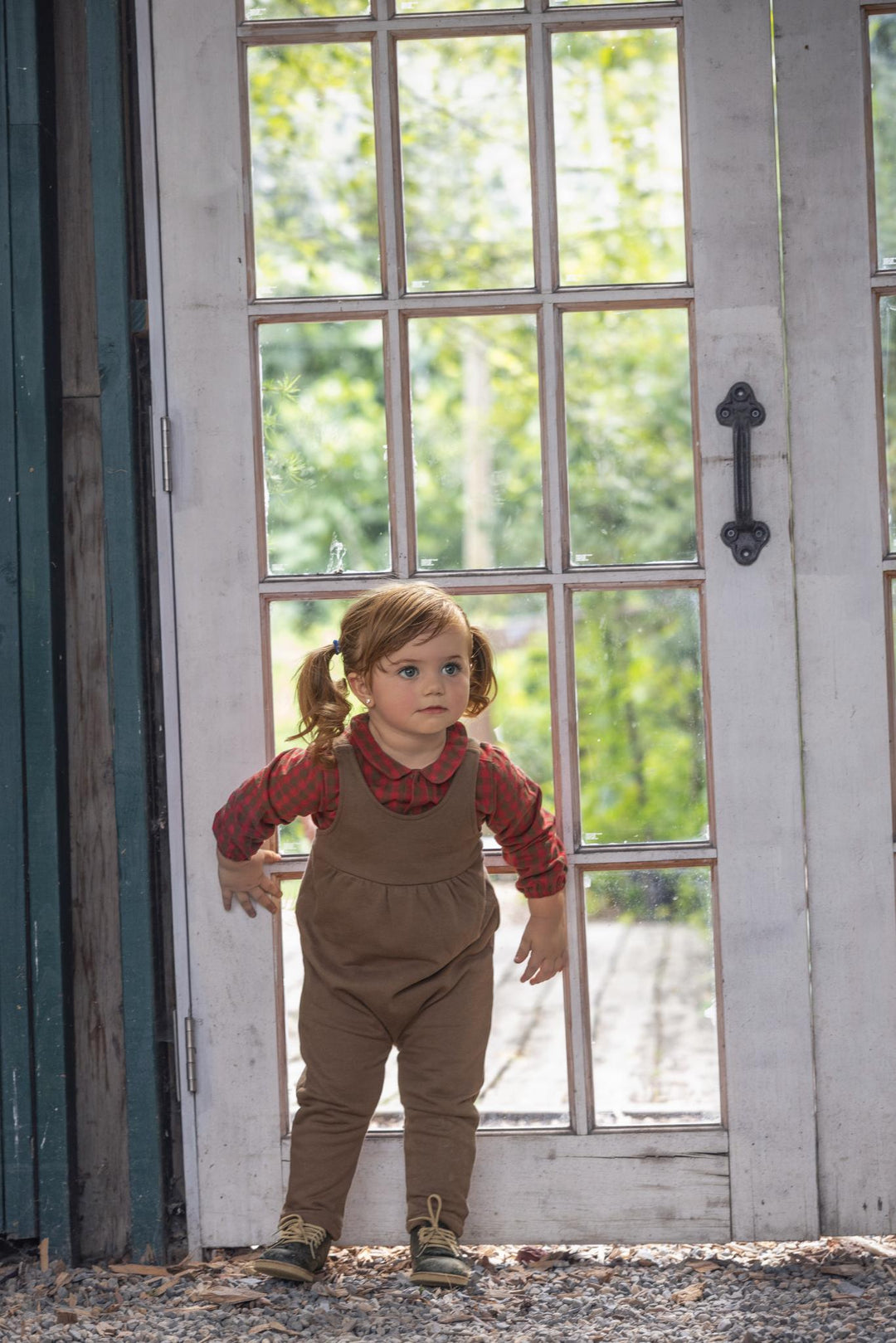 31068 Checkered Peter Pan Shirt and Overalls Set - Chestnut/Berry