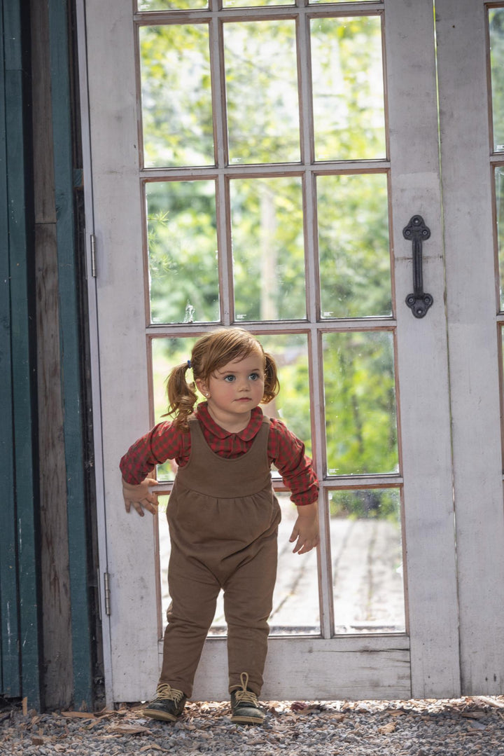 31068 Checkered Peter Pan Shirt and Overalls Set - Chestnut/Berry