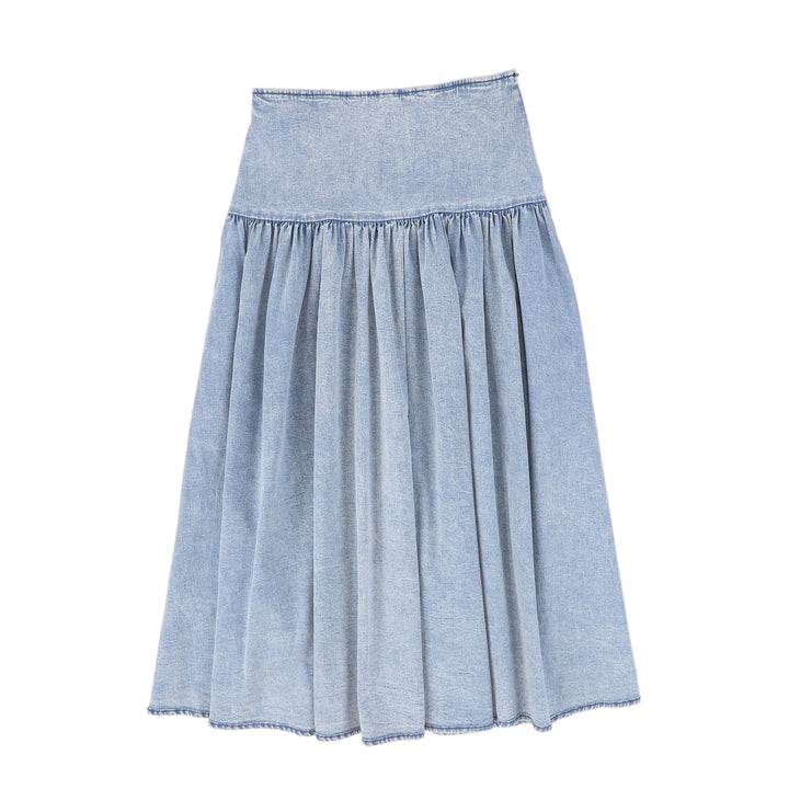 C-26194-Drop Waist Pleated Maxi Skirt LT Blue Denim