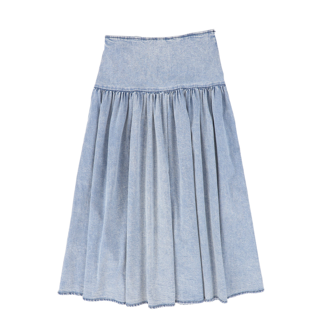 C-26194-Drop Waist Pleated Maxi Skirt LT Blue Denim