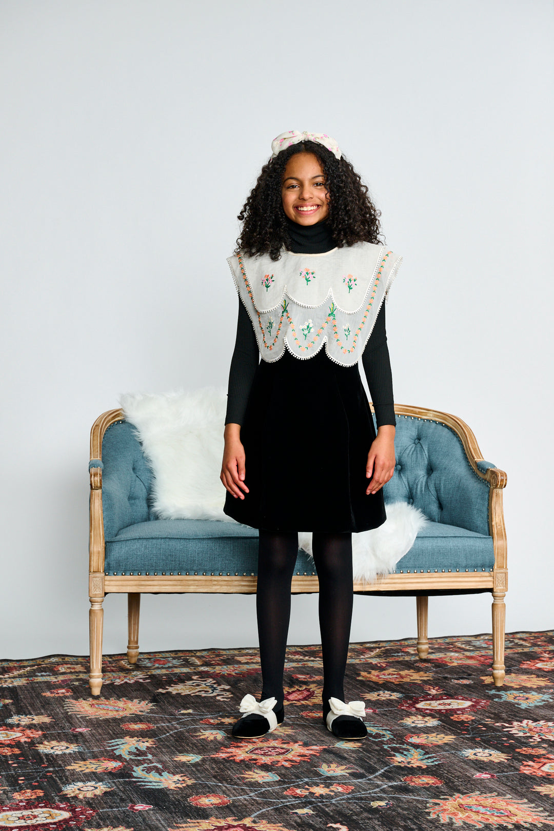 2638 BLACK VELVET W/ LARGE SHEER EMBROIDERED BIB JUMPER