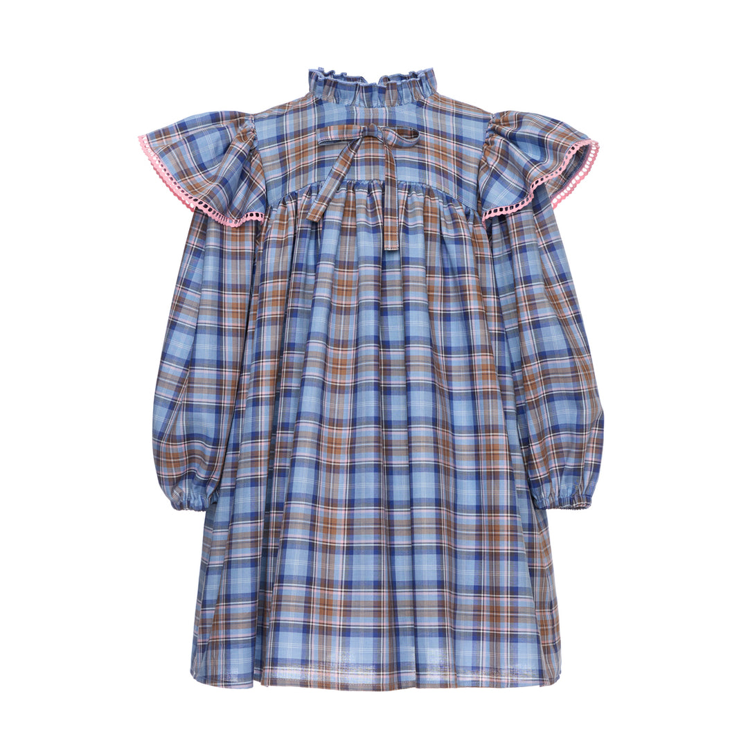 Willow Cotton Dress With Ruffled Stand-up Collar - Blue